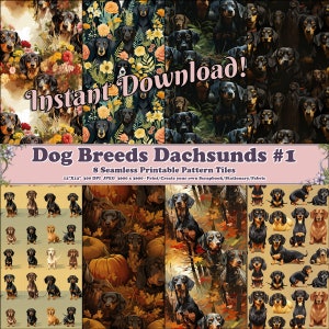 Dog Breeds Dachshund #1 - 8 Printable Scrapbook Sheets - Seamless Tileable - Digital Backgrounds Paper - Bright Colorful Doggies Puppy