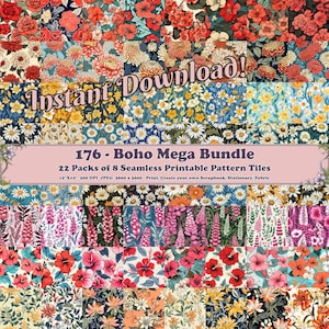 May include: A digital download of 176 floral patterns in a boho style. The patterns are seamless and come in 22 packs of 8 tiles, each measuring 30.5 cm by 30.5 cm. The patterns are 300 DPI and can be printed at 3600 x 3600 pixels. The patterns are perfect for creating scrapbooks, stationery, or fabric.