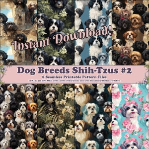 以下が含まれることがあります： 様々なポーズと設定でシーズー犬を描いたデジタルペーパーデザイン8点。シームレスなデザインで、スクラップブッキング、文房具、または布地に使用できます。