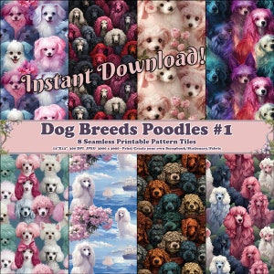 Hondenrassen Poedel #1 - 8 afdrukbare plakboekbladen - naadloos tegelbaar - digitale achtergronden papier - heldere kleurrijke puppy poedel