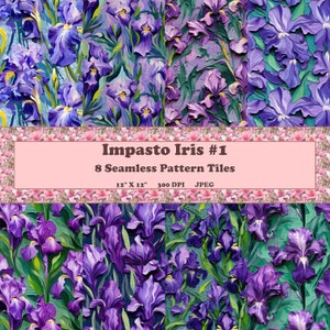 Puede incluir: Ocho baldosas de papel digital sin costuras que presentan una pintura al óleo de flores de iris púrpuras y verdes. Las baldosas miden 30,5 cm por 30,5 cm y 300 DPI.