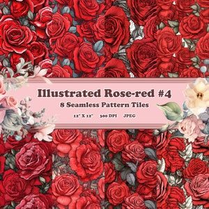 Illustrated Roses Red #4 - 8 fogli Scrapbook stampabili - Piastrellabile senza soluzione di continuità - Carta per sfondi digitali - Brillante floreale colorato