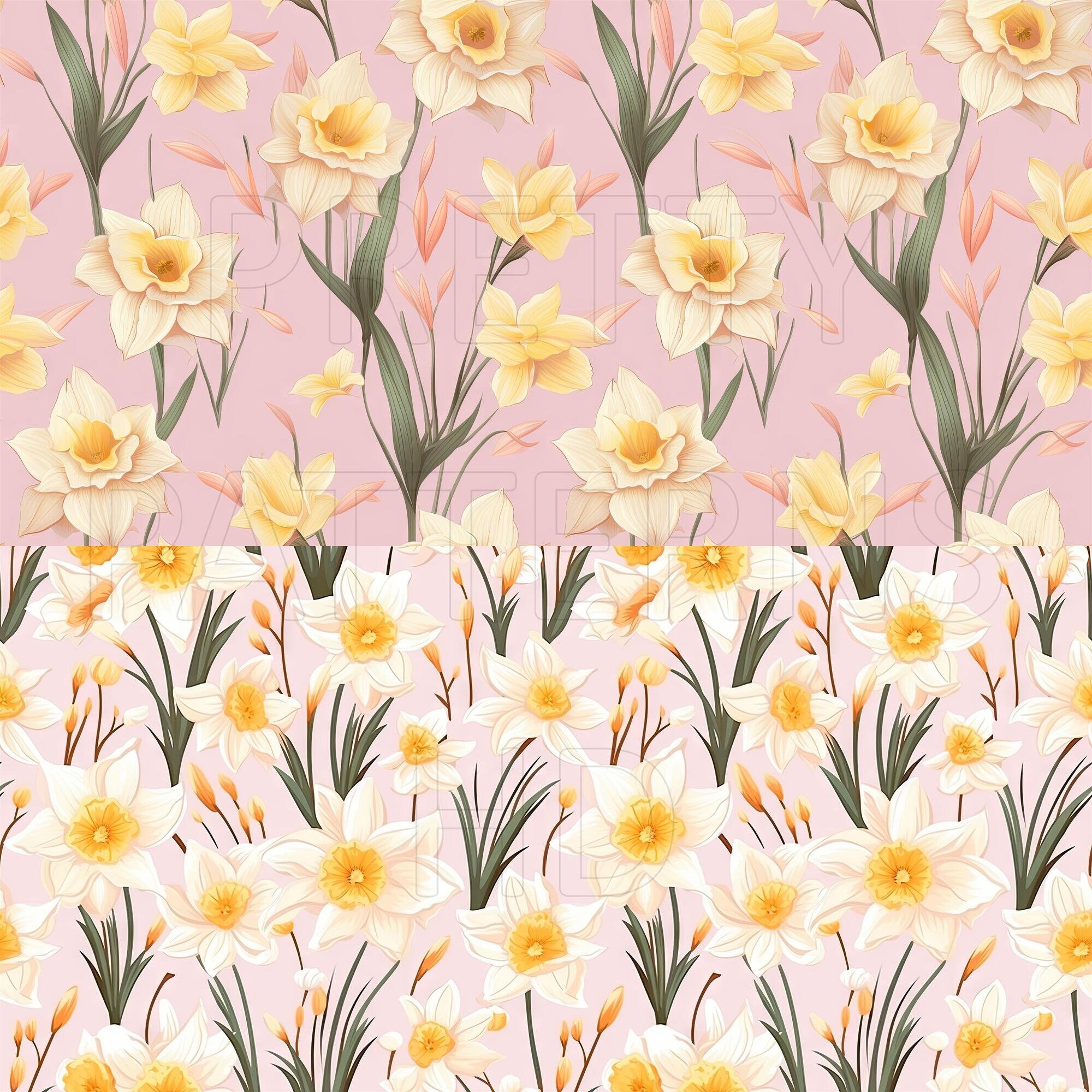 Pastel Flowers Daffodils 2 Set Of 8 Digital Patterns Seamless 