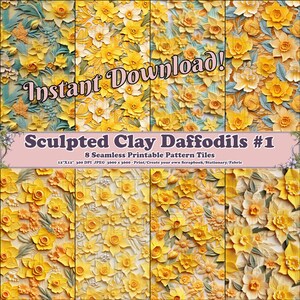 Puede incluir: Ocho baldosas digitales imprimibles con un patrón sin costuras de narcisos de arcilla esculpidos amarillos. Las baldosas miden 30,5 cm por 30,5 cm y 300 DPI.