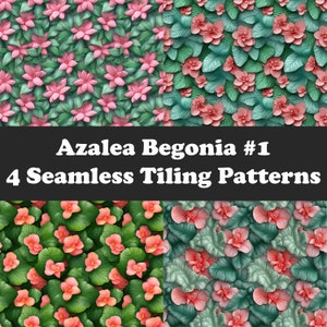 Peut inclure: Quatre motifs de carrelage sans couture représentant des fleurs d'azalée et de bégonia roses avec des feuilles vertes. Les motifs sont disposés en grille.