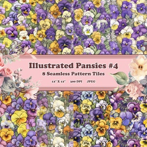 Illustrierte Stiefmütterchen #4 - 8 druckbare Scrapbook-Blätter - nahtlos aneinanderteilbar - digitales Hintergrundpapier - leuchtend bunt floral