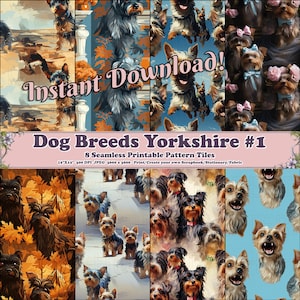Könnte beinhalten: Acht digitale Papierfliesen mit einem Yorkshire Terrier. Die Fliesen sind nahtlos und können für Scrapbooking, Briefpapier oder Stoff verwendet werden. Die Fliesen sind 30,5 cm x 30,5 cm groß und haben 300 DPI.