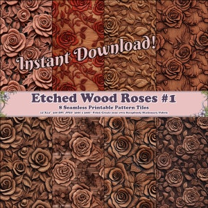 Wood Panel Rose #1 - 8 Printable Scrapbook Sheets - Seamless Tileable - Digital Backgrounds Paper - Unique Etched Wood Panel Patterns