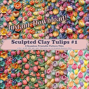 Sculpted Clay Tulip #1 - Set of 8 Printable Scrapbook Sheets - Seamless Tiling - Digital Background Paper - Clay Floral Repeating Pattern