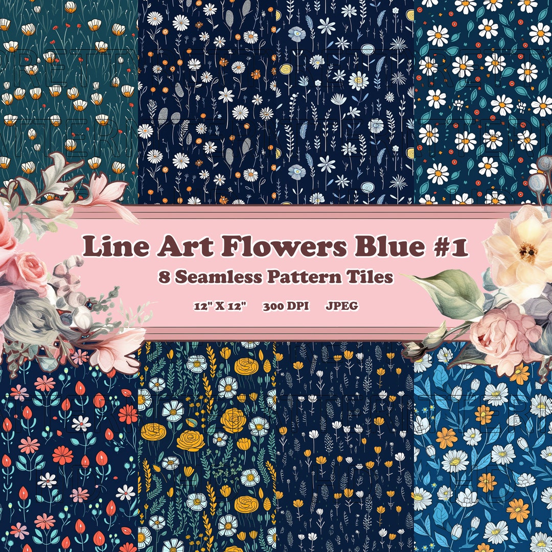 Illustrated Line Art Flowers Blue 1 8 Printable Scrapbook Sheets Continuous Seamless Patterns