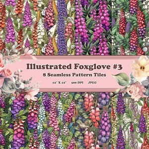 Illustrierter Fingerhut #3 - 8 druckbare Scrapbook-Blätter - nahtlos aneinanderteilbar - digitales Hintergrundpapier - leuchtend bunt floral
