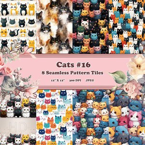 May include: A set of eight digital seamless pattern tiles featuring cute cartoon cats in various colours and poses. The tiles are 12 inches by 12 inches and 300 DPI. The title "Cats #16" is displayed above the tiles.