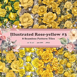 Illustrierte Rosen Gelb #3 - 8 druckbare Scrapbook Blätter - Nahtlose Tileable - Digitale Hintergründe Papier - Hell Bunt Floral