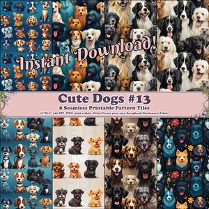 May include: Eight digital paper designs featuring cute cartoon dogs in various poses and colors. The designs are seamless and can be used for scrapbooking, stationery, or fabric.