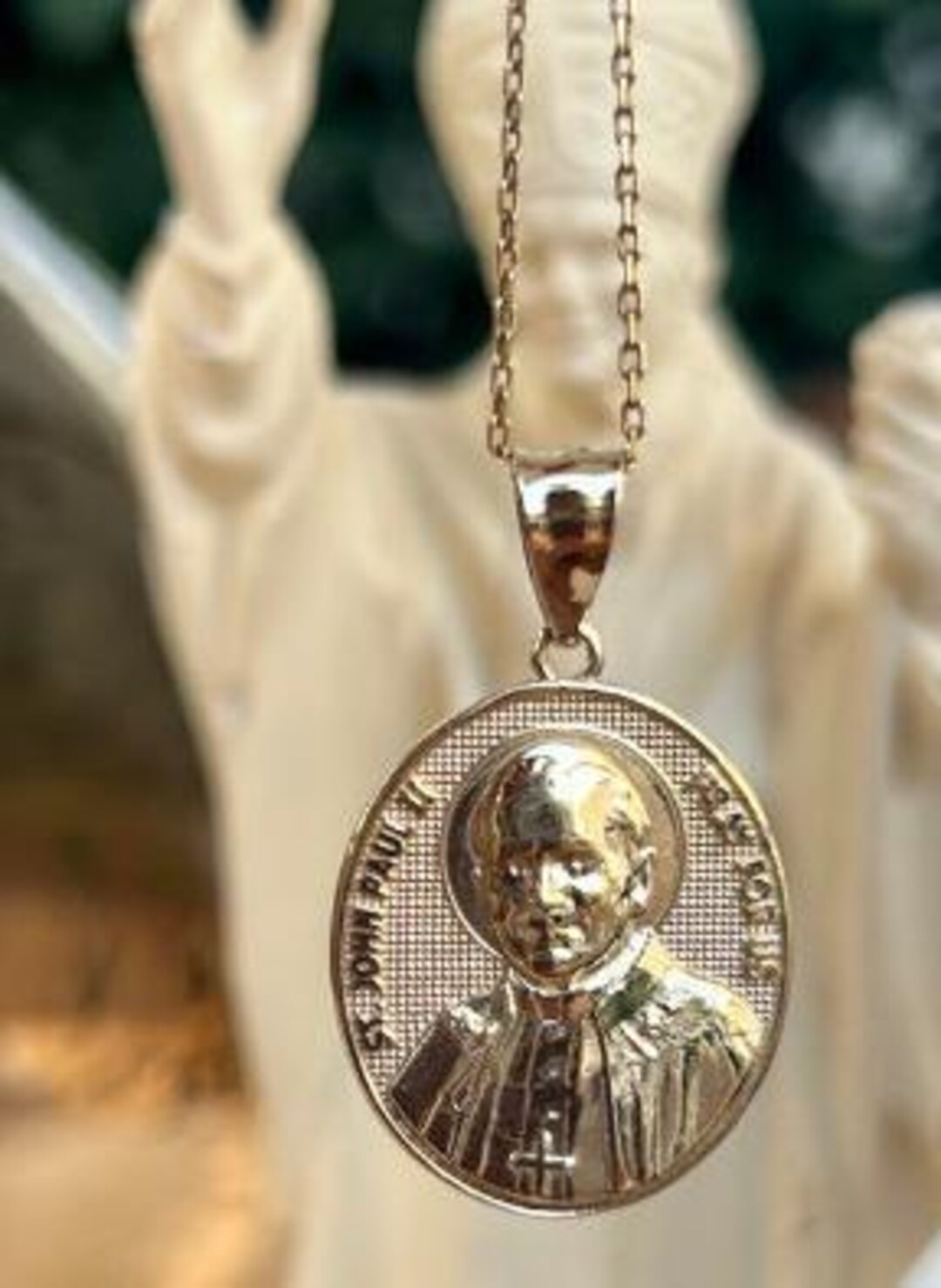 14K Solid Gold Pope John Paul II Oval Religious Necklace, Saint John ...