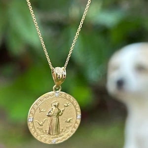 14K Saint Francis Of Assisi Solid Gold Pendant,10K Religious Medallion Of St Francis,Catholic Franciscans Necklace,Patron Saint Of Animals