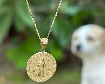 14K Saint Francis Of Assisi Solid Gold Pendant,10K Religious Medallion Of St Francis,Catholic Franciscans Necklace,Patron Saint Of Animals
