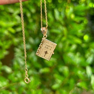 14K Gold Santa Biblia Necklace, Spanish Bible Lord&#39;s Prayer Pendant, Sterling Silver Spanish Gift For Him Her, Fathers Day Gift