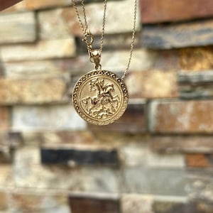14K Solid Gold Saint George Religious Necklace ,Sterling Silver Divine Strength Protection Pendant , Father&#39;s Day Gifts
