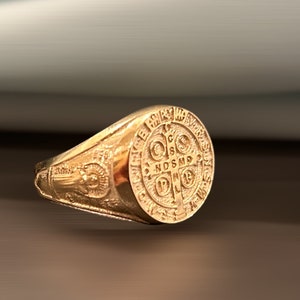 Solid Gold Saint Benedict Signet Men&#39;s Medallion Ring, Silver Religious Catholic Ring, Perfect Gift For Father&#39;s Day, Gifts For Him