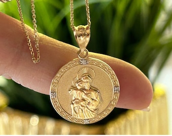 14K Solid Gold Saint Joseph and Child Necklace,10K Patron Saint of Fathers,Religious Gift,Best Friend Gift,Sterling Silver St. Joseph medal