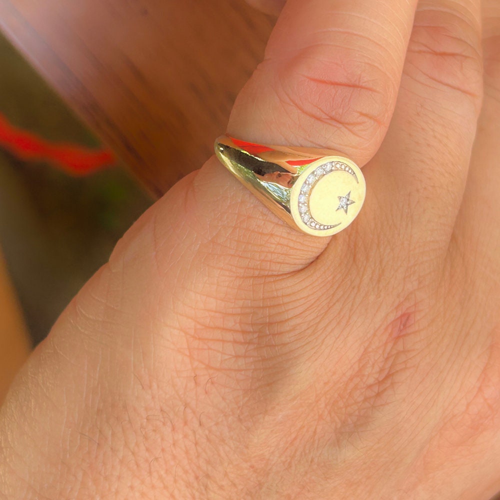 Solid Gold 14K Signet Crescent and Star Islamic Religious
