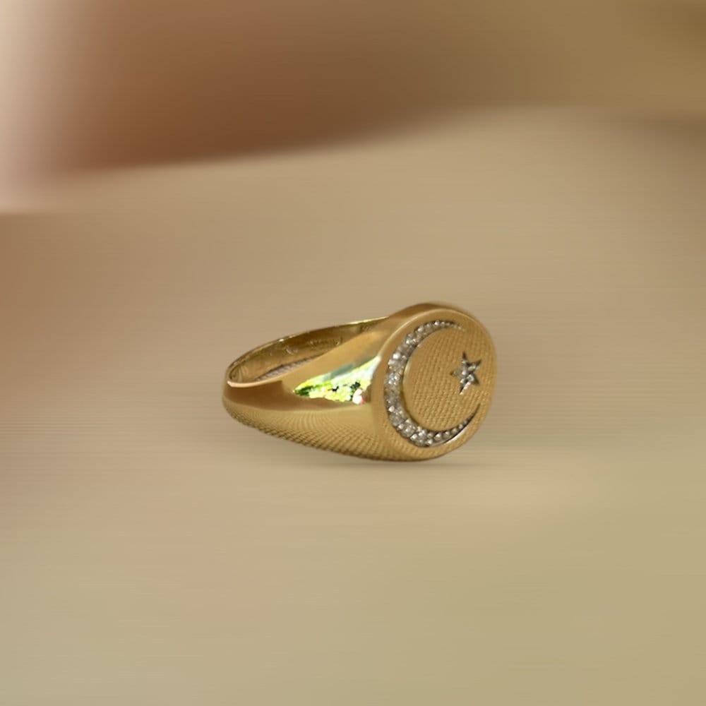 Solid Gold 14K Signet Crescent and Star Islamic Religious