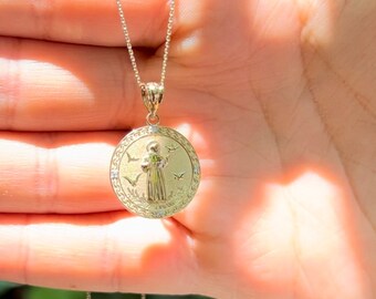 10k Gold Saint Francis Of Assisi Diamond Round Medal Pendant Charm (Small) - View #5
