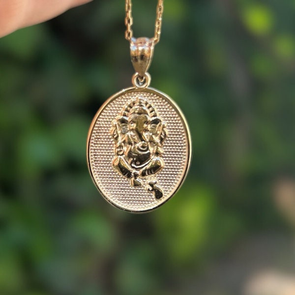 14K Solid Gold God Ganesha Hindu Elephant Necklace, 10K Religious pendant, Silver Symbol of Wisdom and Prosperity, Gift For Him Her