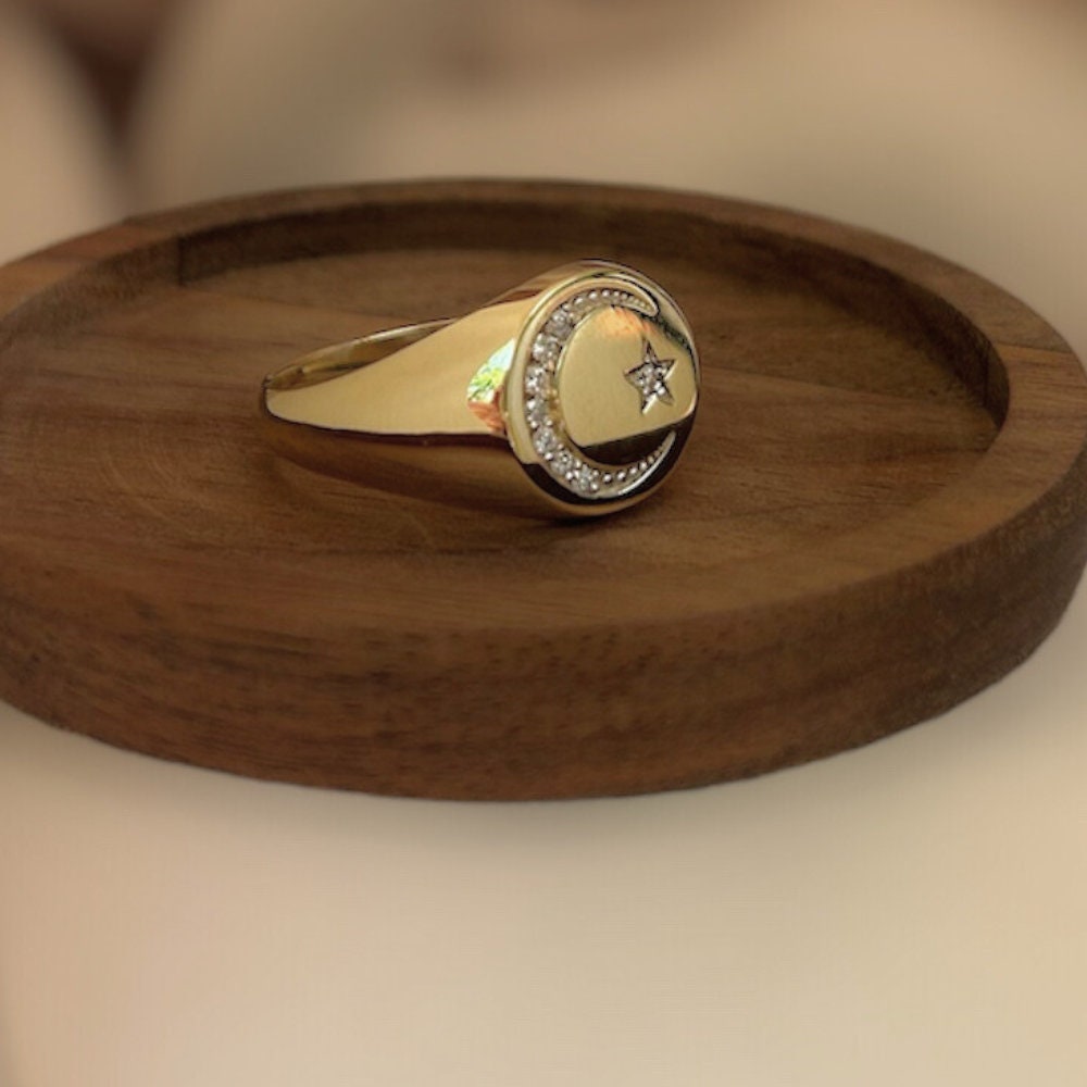 Solid Gold 14K Signet Crescent and Star Islamic Religious