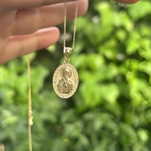 14K Gold Saint Nicholas Religious Necklace | 10K Patron Of Children , St. Nicholas Pray for Us Diamond Necklace Gift