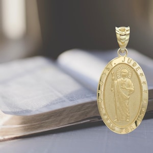 14K Solid Gold Saint Jude Oval Necklace , Sterling Silver Catholic Religious Protection Charm, Fathers Day Gift