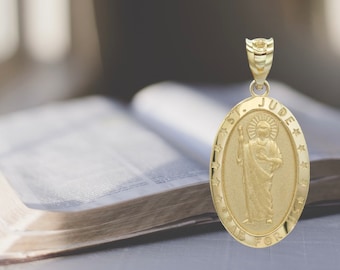 14K Solid Gold Saint Jude Oval Necklace , Sterling Silver Catholic Religious Protection Charm, Fathers Day Gift