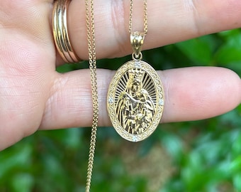 14K Virgen del Carmen,10K Our Lady of Mount Carmel,Carmelite Pendant,Religious Pendant,Saint Necklace, Mother's Day Gift for Her