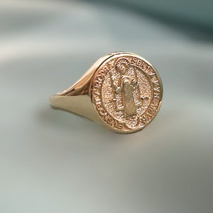 Solid Gold Saint Benedict Signet Medallion Ring, Silver Religious Catholic Ring, Perfect Gift For Him Her