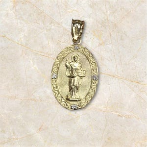 Santo Domingo en oro de 14 quilates, collar de diamantes ovalados, santo patrón de República Dominicana en plata de ley