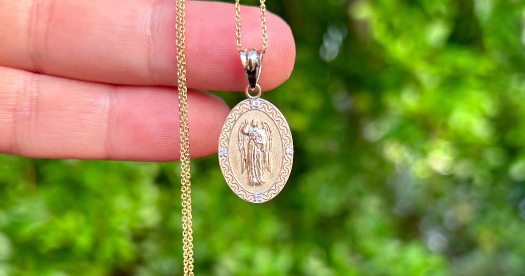 Saint Gabriel 14K Solid Gold Archangel Pendant,10k Solid Gold Religious