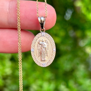 Solid Gold And Sterling Silver Saint Gabriel Religious Pendant | Catholic Protection Necklace | Diamond Dainty Jewelry | Gifts For Her