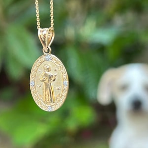 Solid Gold Saint Francis Of Assisi Pendant, Christian Gift, Catholic Franciscans Pendant, Patron Saint Of Animals, Mother&#39;s Day Gift for Her