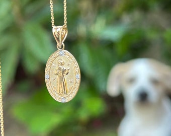 Solid Gold Saint Francis Of Assisi Pendant, Christian Gift, Catholic Franciscans Pendant, Patron Saint Of Animals, Mother&#39;s Day Gift for Her