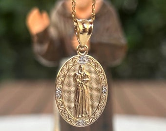 14K Solid Gold Padre Pio , Oval Saint Pio Diamond Pendant, Sterling Silver Saint Necklace, Catholic Saint, Patron Saint of Healing