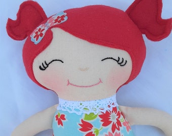 Small doll, red haired doll, handmade, baby gift, little sister doll, aqua and red dress, stocking stuffer