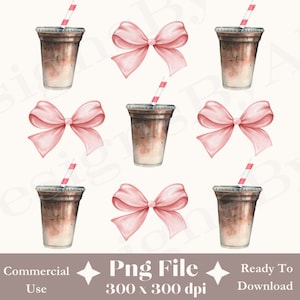 May include: A digital illustration of a pattern featuring iced coffee drinks with red and white straws and pink bows. The background is white.