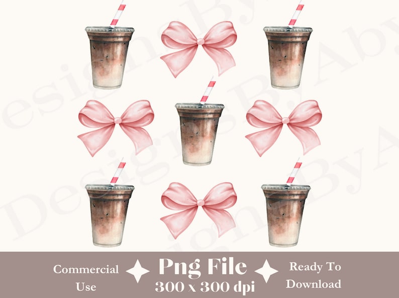 May include: A digital illustration of a pattern featuring iced coffee drinks with red and white straws and pink bows. The background is white.