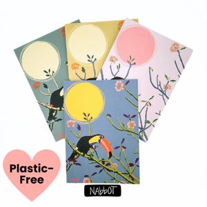 Tucán / Tarjeta de felicitación artística de 12,7 x 18,8 cm / Sin plástico / Diseño tropical de tucán y selva tropical de Nabbot / Papelería de lujo en blanco