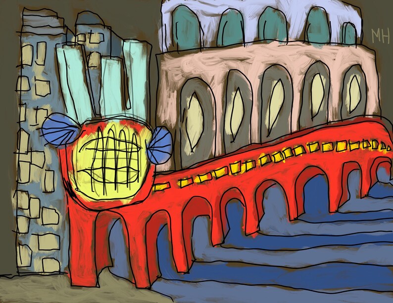 May include: A red bridge with yellow accents and blue details, standing over a blue body of water. The bridge has a large, yellow, and red face with blue eyes and a black grid pattern. The bridge is in front of a building with a pink facade and blue windows.