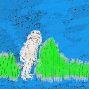 May include: A line drawing of a person wearing a virtual reality headset standing in front of a field of green grass against a blue background.