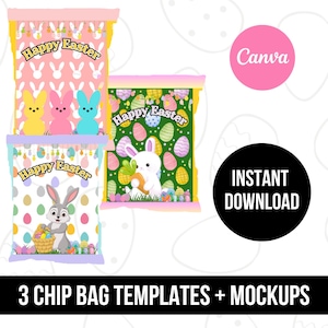 イースター チップ バッグ テンプレート、チップ バッグ モックアップ、Canva テンプレート、パーティーの記念品テンプレート、空白のチップ バッグ ラベル、チップ バッグ ラベル、印刷可能な記念品
