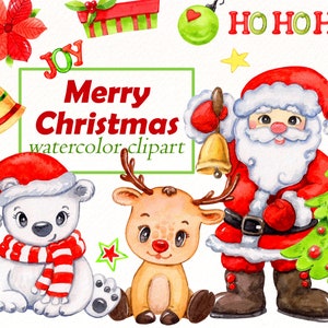 Watercolor Christmas clipart, Santa, baby deer set, white bear, snowman, red truck hand painted elements png files digital download