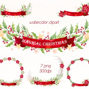 Watercolor Christmas Wreath Clipart, floral frame, Frames png, Christmas png, X-mas greeting card, wedding invitation, digital download.